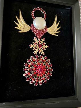 Gold-Tone Red Crystal Floral & Angel Pendant Brooch